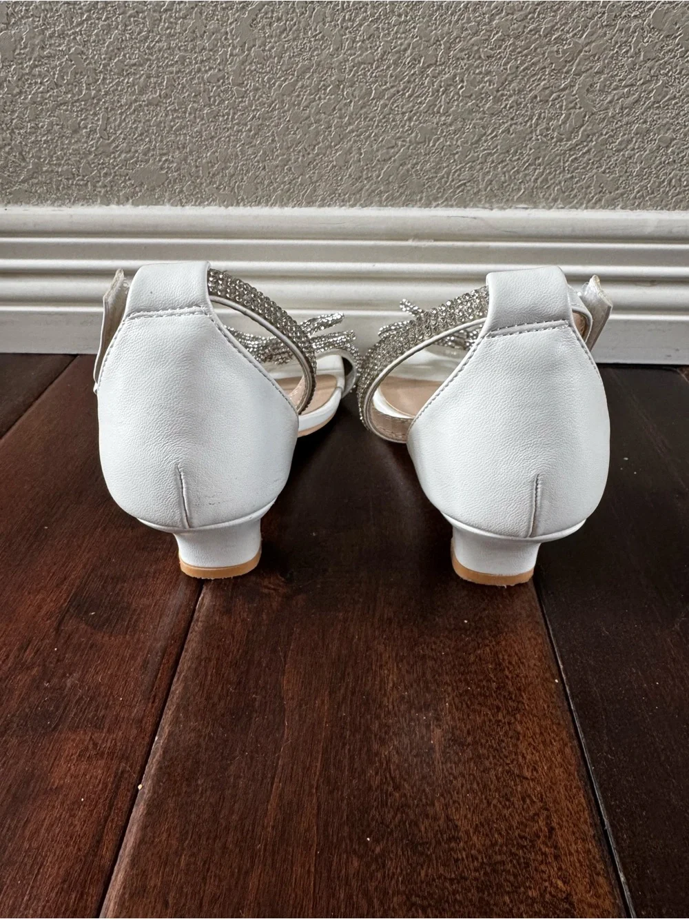 White Ankle-Strap Heels with Rhinestone Knot